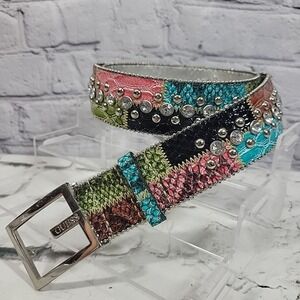 Guess Y2K Patchwork Belt Studded Rhinestone Western Boho Faux Snakeskin 32"-36"